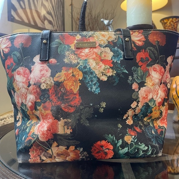 bebe Handbags - Bebe Women's Black Floral Tote Bag Gold Logo